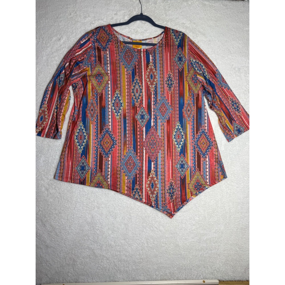 Ruby Rd Tunic Top Womens 1X Multi Color Excellent Asymmetrical‎ Boho Rhinestone